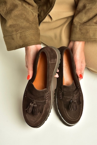 Fox Shoes Z944014461 Kahverengi Süet Kalın Tabanlı Püsküllü Loafer Ayakkabı