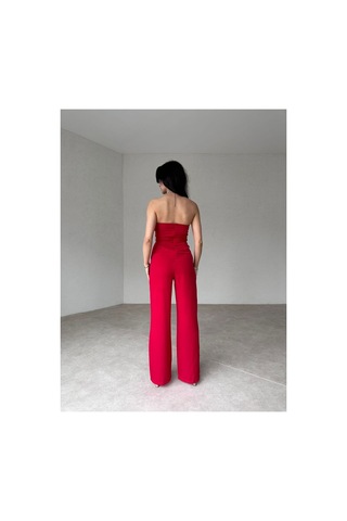 Munora Butik Kalp Yaka Straplez Kırmızı Tulum Kırmızı Kırmızı