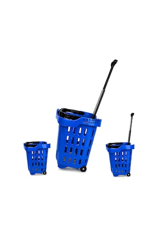 5 Adet - 43 Lt Tekerlekli Market Sepeti Plastik Alışveriş Sepeti Ergonomik Çift Saplı Mavi