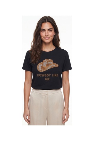 Onloox Kadın Siyah Siyah Pamuklu Bisiklet Yaka Rahat Kesim Kovboy Şapka Nakışlı Boncuk İşlemeli Tişört T-shirt