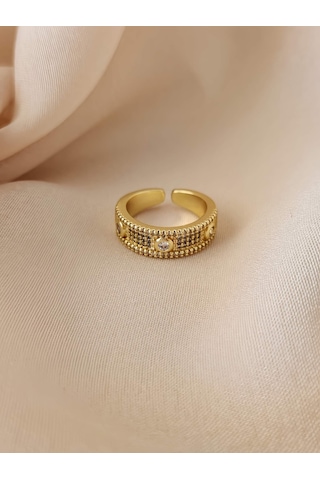 Üç Taşlı Model Ayarlanabilir Gold Altın Renkli Yüzük Gold
