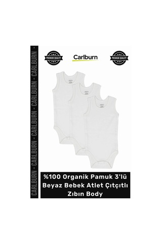 Carlburn Zıbın Yumuşak Unisex Kaliteli 100 Organik Pamuk 3'lü Beyaz Bebek Atlet Çıtçıtlı Zıbın Body