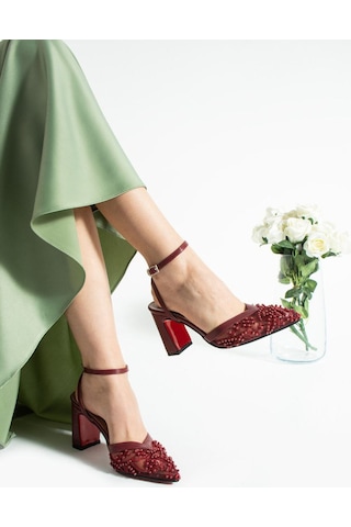 Elvı Kadın Taşlı Bej Topuklu Ayakkabı 9 Cm Bordo
