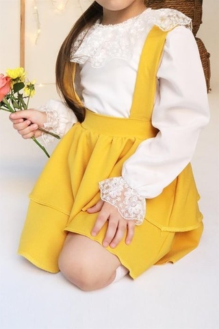 Kız Çocuk  Helen Sarı Askılı Kat Kat Bağlama Jile Elbise Dantel Detay Ekru Uzun Kollu Bluz Takım