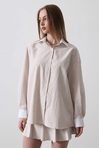 Defymoda Çizgili Oversize Gömlek - Bej Bej