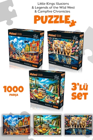 3 Adet 1000 Parça Puzzle - Kamp Ateşi, Aslan Kral Kedi Ve Vahşi Batı Kasabası Yapboz 68x48 Cm