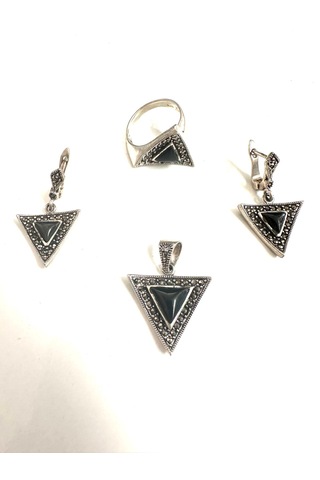 Oniks Ve Markazit Taşlı Gümüş Set Takım 925 Ayar 18,18 Gram