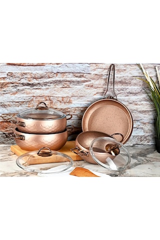 Espela - 3544 - 7 Parça - Bio Granit -tencere, Tava, Çeyiz Seti, Antrasit Renk Gövde - Bakır Detay Antrasit - Bakır
