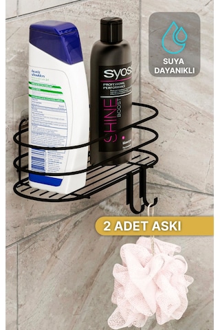 Banyo Düzenleyici Şampuanlık Sabunluk 1 Adet Oval Tel Yapışkanlı 2 Askılı Duş Rafı Organizer Siyah