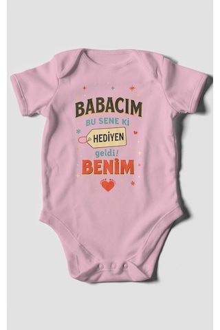 Babacım Bu Sene Ki Hediyen Geldi Benim Baskılı Bebek Zıbını Çıtçıtlı Body %100 Pamuk Kısa Kol Koyu Pembe