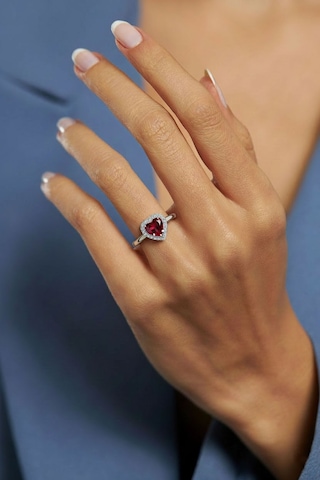 925 Ayar Lal Taşlı Rodyum Pırlanta Işıltılı Kalp Ayarlanabilir Gümüş Yüzük Rr10032 Gümüş