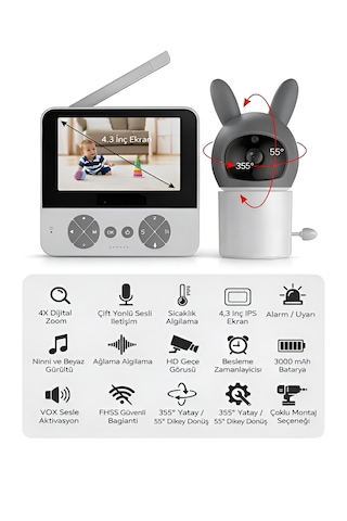 4.3 Kablosuz Ip Bebek Kamerası 720p Monitörlü 150m Menzil 2.4ghz İnterkom Hareket Algılayıcı