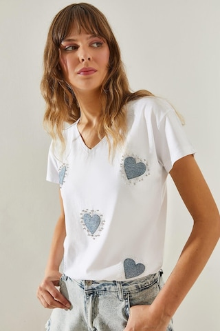 Shade Kadın V Yaka Yaka Kot Kalp Detaylı Taşlı T-shirt 60251412 - Beyaz