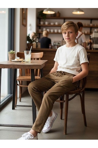 Zekids Erkek Çocuk Esnek Kumaş Beli Lastikli Pantolon-16399 Bej