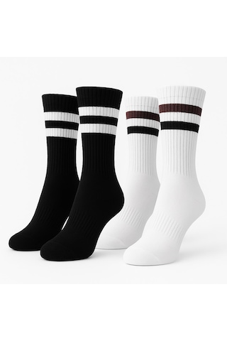 Erkek Spor Çorap 2 Li Set Nefes Alan Pamuklu Çizgili Soket Çorap Günlük Ve Spor Kullanım İçin Esnek Rahat Tasarım Siyah Beyaz