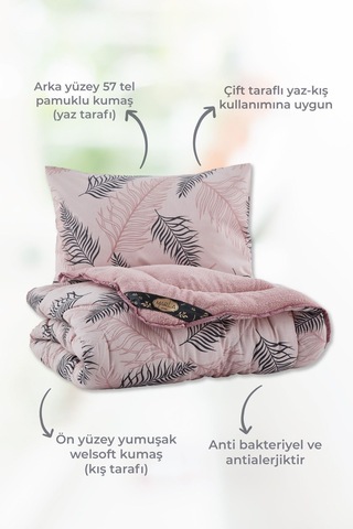 Palm Pembe Desenli Tek Kişilik Çift Taraflı Wellsoft Yorgan Seti - Pembe - 155x215