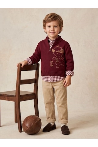Zekids Erkek Çocuk Bordo Ayıcık Nakışlı Triko Kazak Gömlek Ve Pantolon Takım-17439