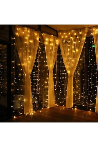 3x2 Metre Perde Led Animasyonlu 12 Saçaklı 240 Ledli Fişli 8 Fonksiyonlu Sarı