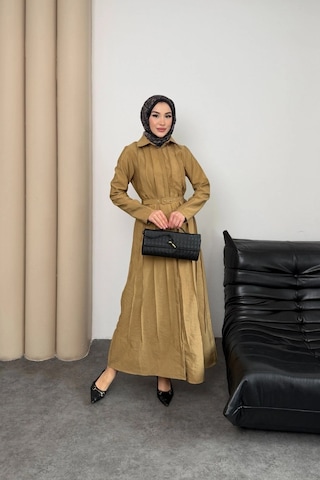 Mihran Butik Quenn Model Coupra Model Kumaş Kemer Detaylı Elbise Hardal