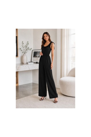 Unika Boutique Kadın Bürümcük Askılı Fırfırlı Bol Paça Tulum Siyah
