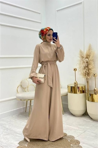 Neşeli Butik Kadın Bej Kuşaklı Gül Detaylı Salaş Tulum Nms003 Bej