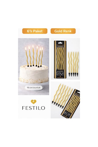 6 Lı Kıvrımlı Mum Gold Pasta Süsü Spiral Mum Pasta Mumları 16 Cm