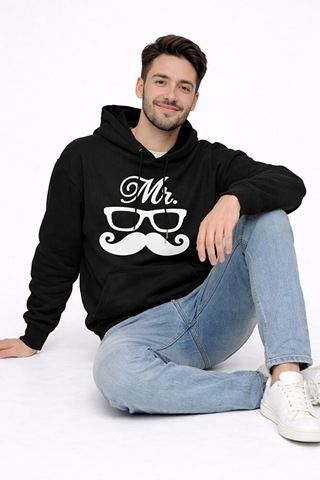 Nevermind Mr Mrs Baskılı Sevgili Kombini Oversize Hoodie Seti Unisex Sevgil Siyah