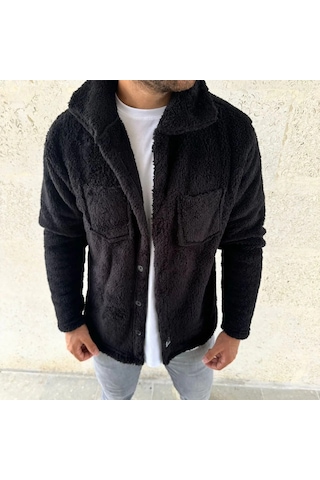 Erkek Pelüş Polar Hırka Gömlek Yakalı, İlik Düğmeli, Göğüs Cepli, Yumuşak Dokulu Kışlık Regular Fi Siyah