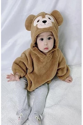 Aden Kids Kapüşonlu Bebek Peluş Çıtçıtlı Body Kahverengi