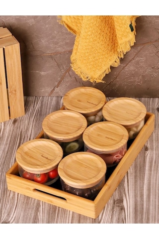 Bambum Duo 300ml 6'lı Siyah Tepsili Bambu Kapaklı Cam Kahvaltılık