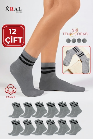 Kral Socks Erkek Kadın 12 Çift Çizgili Kolej Tenis Çorabı Pamuklu Terletmez Çorap Gri