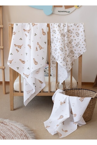 Çok Amaçlı Müslin Örtü & Battaniye 3'lü Set Pamuk Oeko-teks Sertifikalı 80x80 Cm Beyaz - Kahverengi