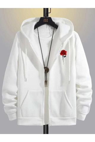 Altamira Unisex Beyaz Çicek Baskı Fermuarlı Kapüşonlu Oversize Hırka 001