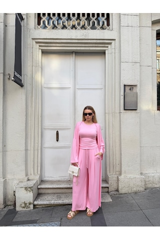 Bonacosa Kadın Viskon 3 Lü Takım Kimono + Beli Lastikli Salaş Pantolon + Kısa Kol Tshirt 8 Renk Pembe