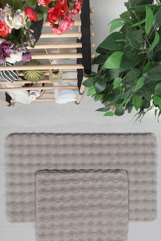 Modern Bubble Yıkanabilir Kaymaz Peluş Banyo Paspası Halısı 2'li Klozet Takımı 50x80-50x40cm Bej