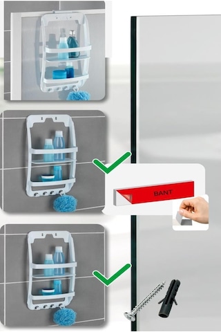 Banyo Rafı Duvara Monte Plastik 3 Katlı Raf Organizer Askılıklı, Beyaz Renkli