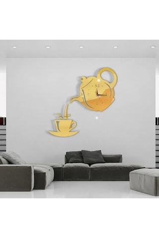 Konesam 40x40 Cm Akrilik Teapot Saat Sticker - Altın Renk, Pil İle Çalışır Pil Dahil Değil