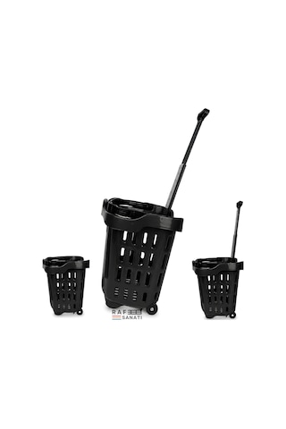 43 Lt Tekerlekli Market Sepeti Plastik Alışveriş Sepeti Ergonomik Çift Saplı Siyah
