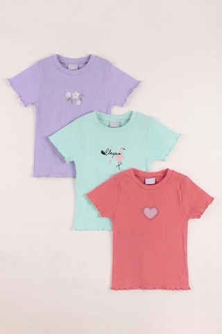 Monox 5-12 Yaş Kız Çocuk 3'lü Nakışlı Fitilli Tshirt Likralı Esnek Yazlık Body Set Lila Mint Gül