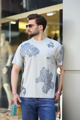 Madmext Boyalı Gri %100 Pamuklu Desenli Erkek Tişört E7142 Boyalı Gri