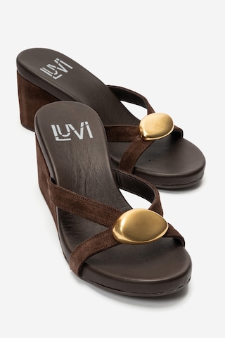 Luvi Shoes Caterına Kahverengi Süet Hakiki Deri Tokalı Kadın Dolgu Topuklu Terlik