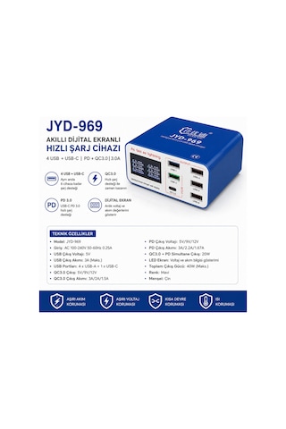 Dijital Ekranlı 6 Port Hızlı Şarj Cihazı 40w - Jyd-969 Pd 3.0 + Qc 3.0