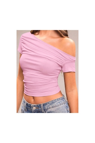 Wild Flower Asimetrik Yaka Kadın Crop Bluz Omuz Dekolteli Açık Pembe