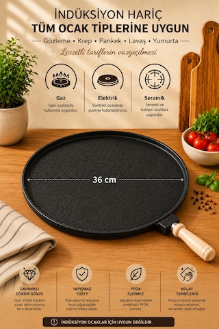 TerraStone 36 cm Granit Gözleme Bazlama Tavası – Yapışmaz Büyük Boy Saç Tava, Ahşap Saplı