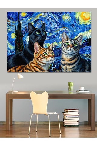 Yıldızlı Gecede İki Dost Kedi Dekoratif Kanvas - Mdf Ahşap Tablo
