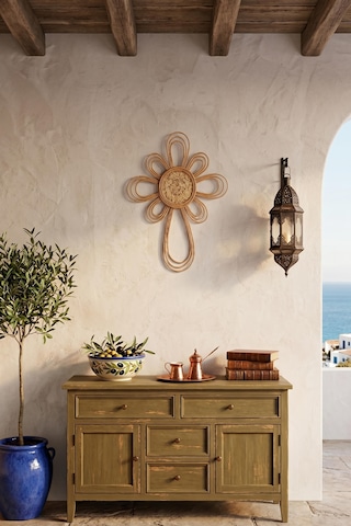 Doğal Rattan Güneş Duvar Dekoru - Bohem Çiçek Model Hasır Duvar Aksesuarı 55x77 Cm Krem