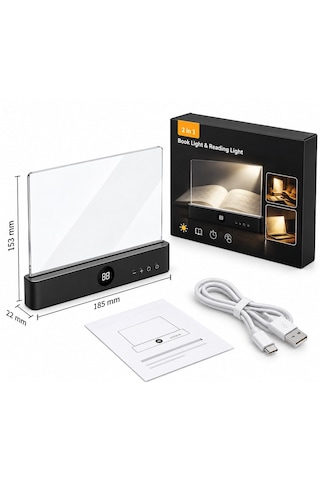 Tekno Hediye Sunup Led Işıklı Şeffaf Okuma Paneli Kitap Okuma Lambası Dijital Göstergeli Type-c Şarjlı Ayarlanabilir Işık Renkli Siyah