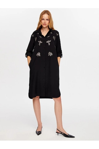 Faik Sönmez Boncuk İşi Nakışlı Uzun Kollu Kadın Gömlek Elbise Uw26elb014 Siyah