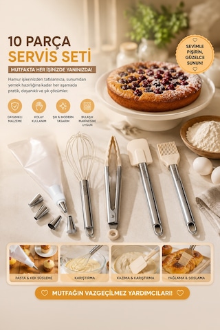 Porsima 3160 10 Parça Pasta Ve Tatlı Servis Seti Kek Pasta Şekillendirme Seti Beyaz Beyaz