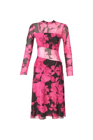 Explosion Uzun Kol Midi Şeffaf Elbise - Çiçek Desenli - Bohemian Stil Fuşya